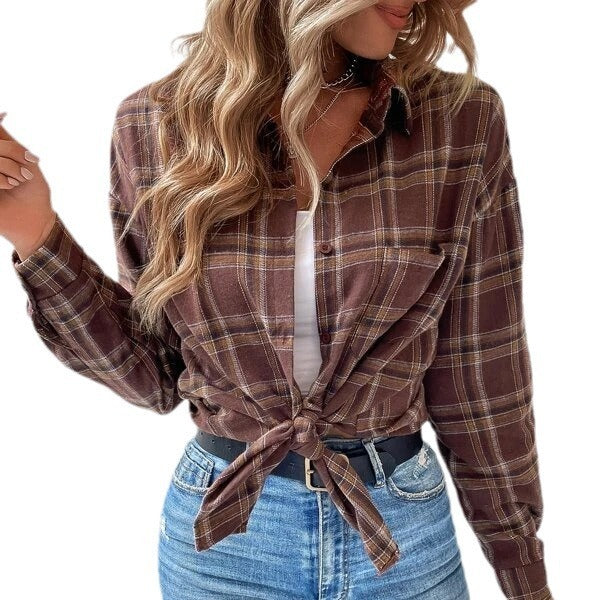 Women's Drop-shoulder Sleeve Plaid Casual Shirt