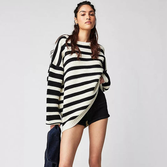 Printed Striped Long Sleeve Pullover Crew Neck Sweater