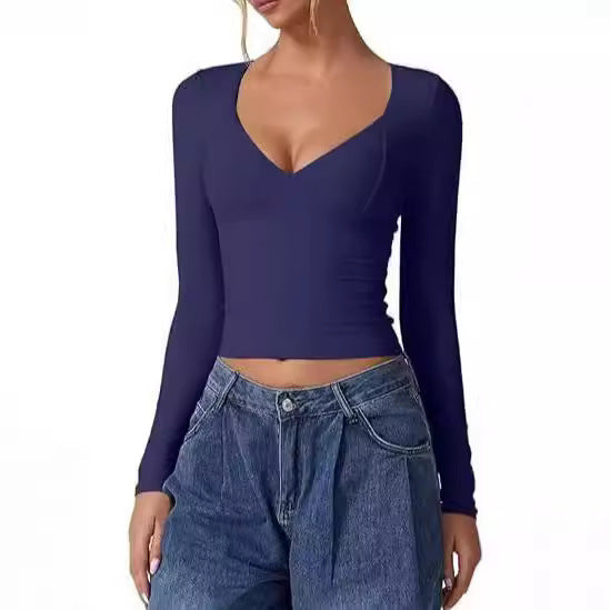 Women's Long Sleeve V-neck Midriff-baring Top T-shirt