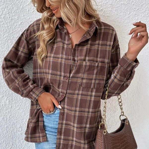 Women's Drop-shoulder Sleeve Plaid Casual Shirt