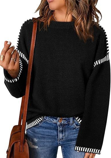 Women's Sweater Thread Patchwork Knitting Pullover Crew Neck