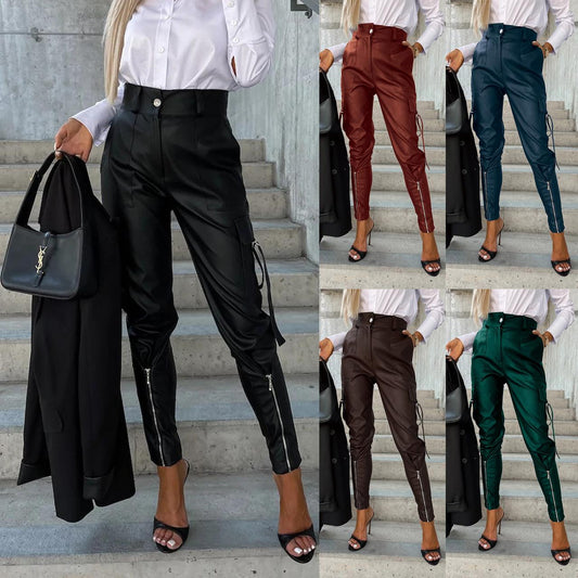 Fashion Slim-fitting Leather Trousers Women Waist-cinching Zipper Design Pants With Pockets - Shuift.com