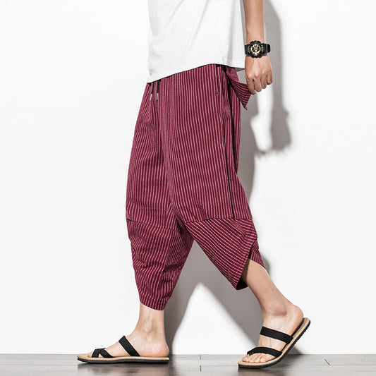 Men's Casual Plain Linen Cropped Trousers With Vertical Stripes