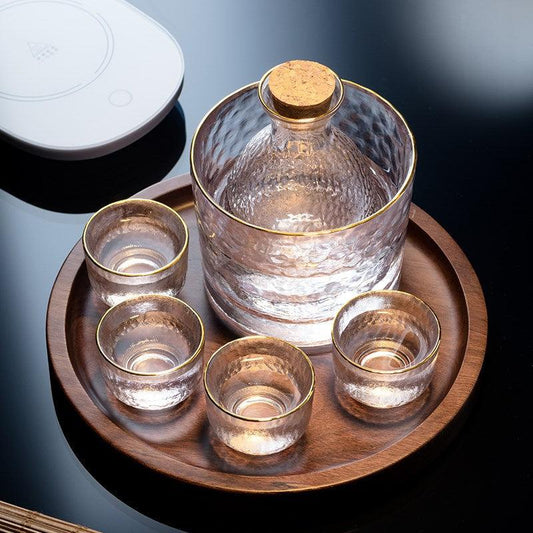 Japanese Sake Pot Set Golden Edge Glass Sake Bottle Set Rice Wine Vodka Wine Cup Flasks Liquor Glasses - Shuift.com