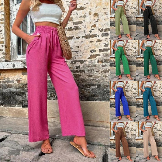 New Casual Pants With Pockets Elastic Drawstring High Waist Loose Trousers For Women - Shuift.com