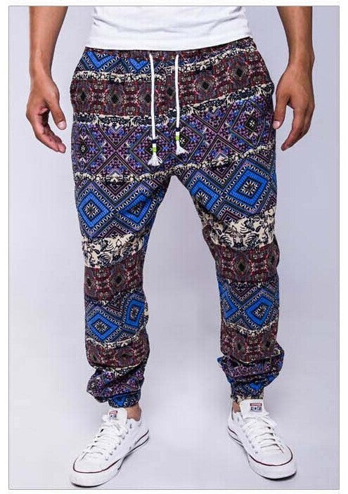 Famous ethnic style printed cotton hemp casual pants