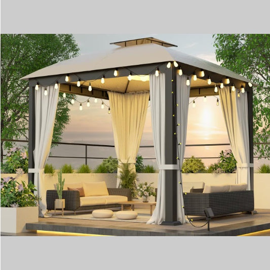 10X10FT SOFT TOP METAL GAZEBO WITH MOSQUITO NET AND SUN SHADE