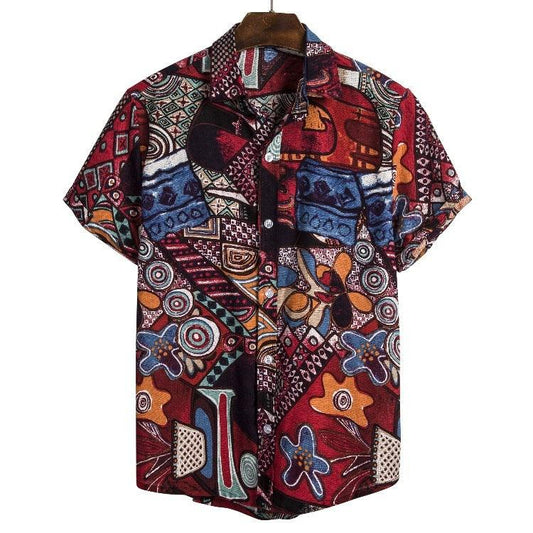 African ethnic linen print short-sleeved shirt men