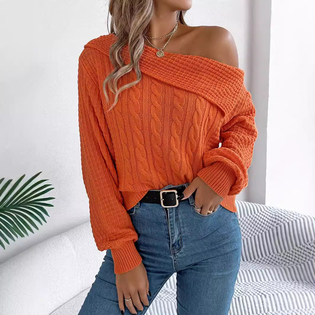 Lapel Off-the-shoulder Twist Long Sleeve Pullover