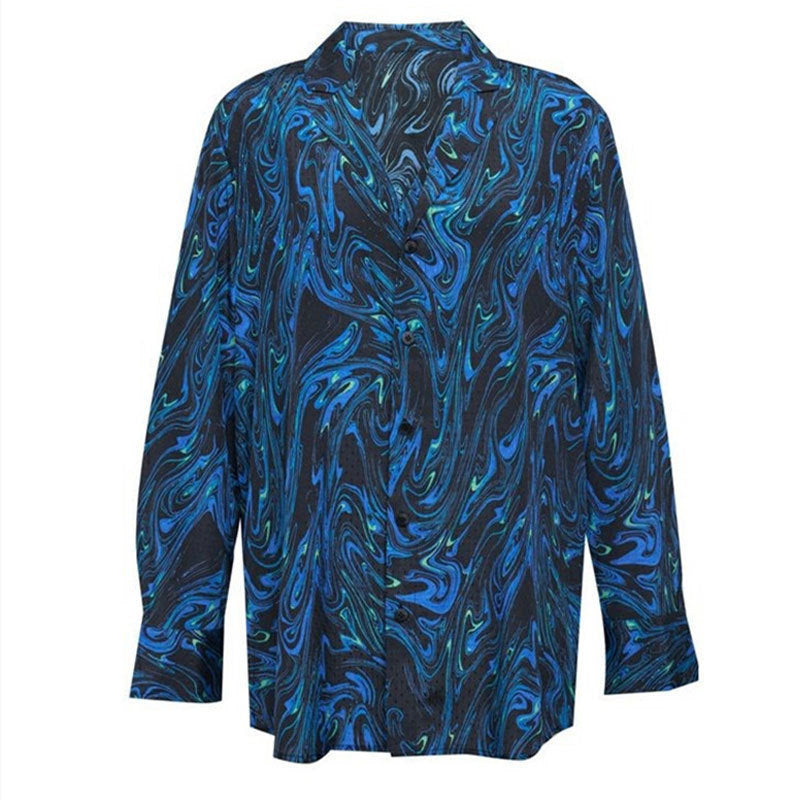 Same Style With Mall Retro Lapels V-neck Blue Ink Pattern Long Sleeve Shirt