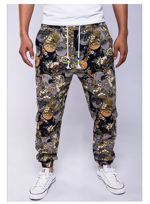 Famous ethnic style printed cotton hemp casual pants