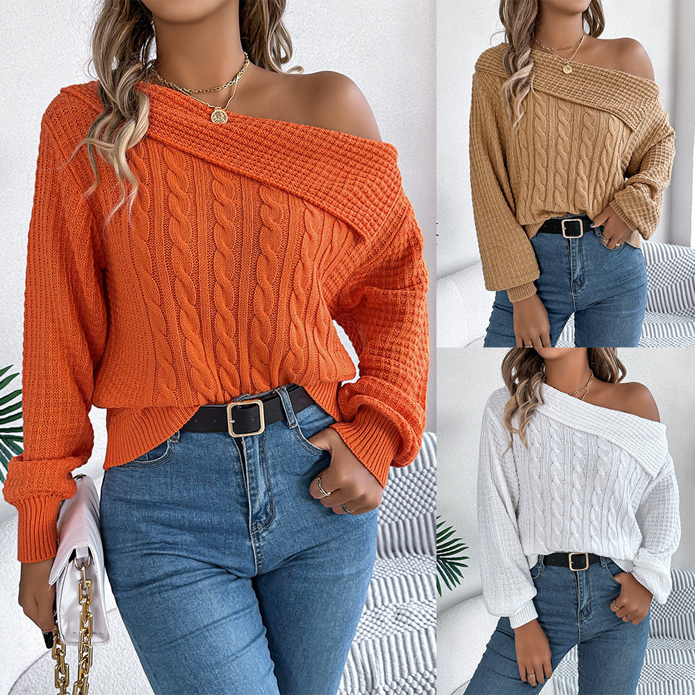 Lapel Off-the-shoulder Twist Long Sleeve Pullover