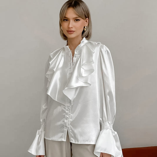 Ruffled Small Stand Collar Single-breasted Shirt