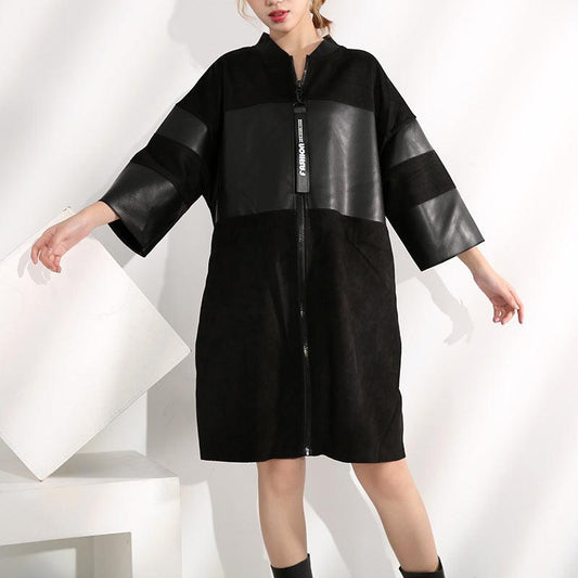 Dark PU Leather Trench Coat For Women Plump Girls Large Size Three Quarter Sleeve Mid-length Leather Coat - Shuift.com