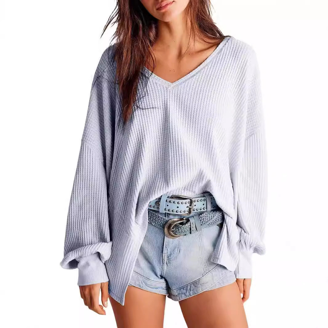 Women's Waffle Knit Blouse Lantern Sleeve Casual Shirt