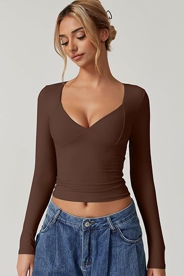 Women's Long Sleeve V-neck Midriff-baring Top T-shirt