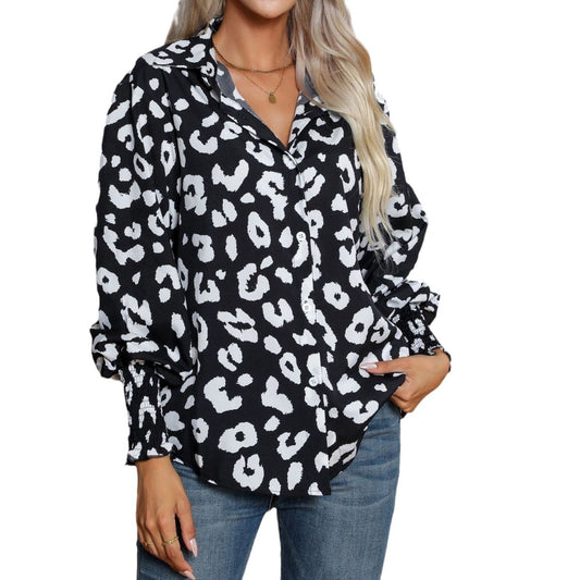 Leopard Print Lantern Sleeve Shirt Women