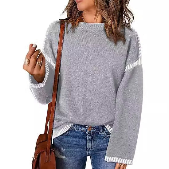 Women's Sweater Thread Patchwork Knitting Pullover Crew Neck