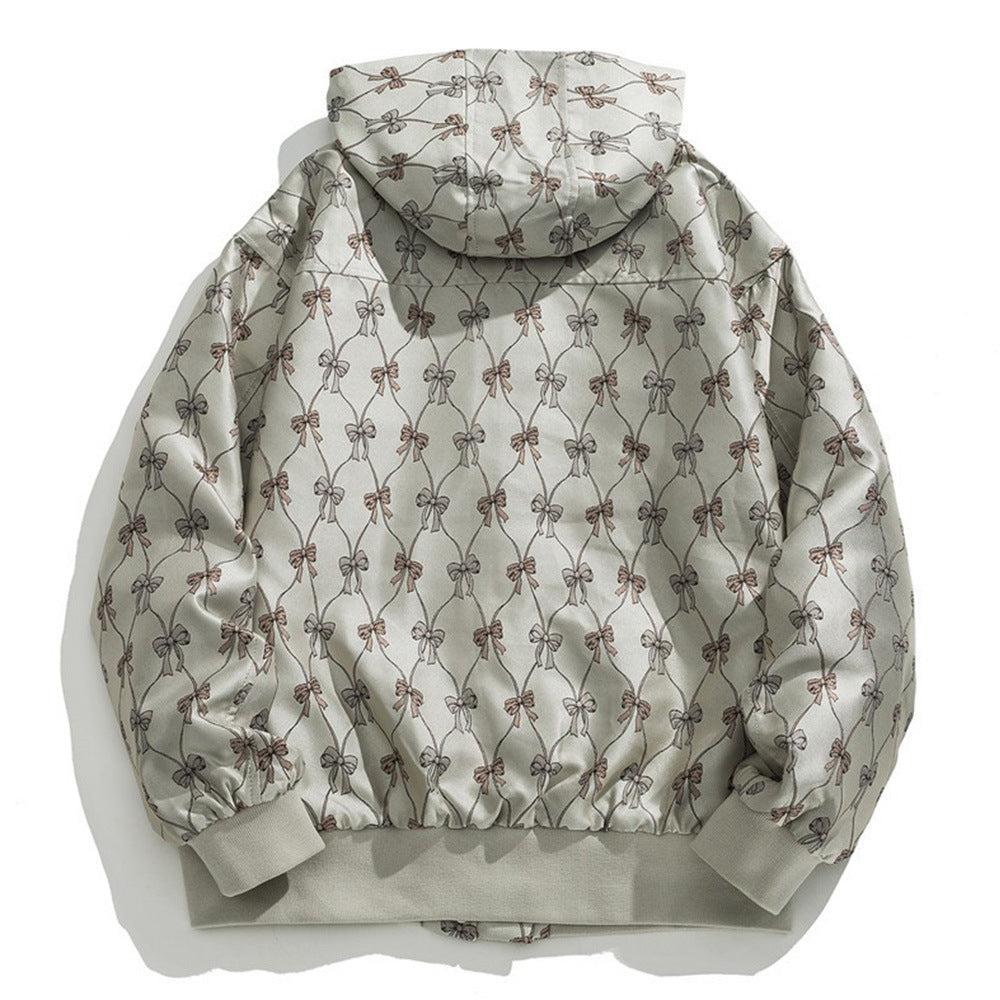 Men's Printed Floral Bow Hooded High Collar Loose Coat