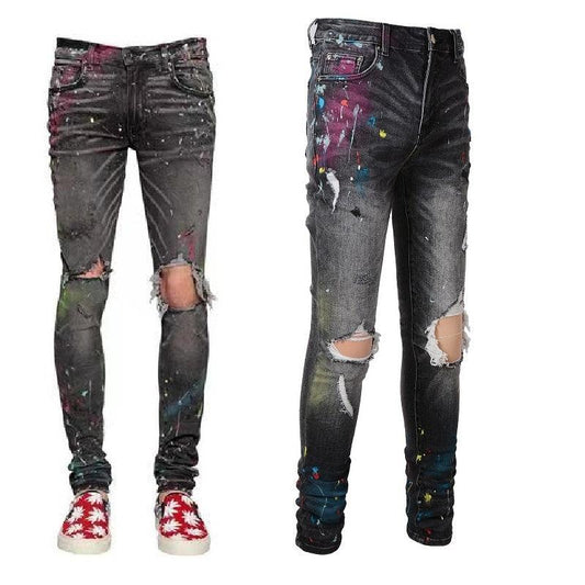 Vintage Distressed Paint Splashed Ink Stretch Gray Jeans For Men - Shuift.com
