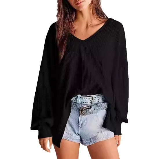 Women's Waffle Knit Blouse Lantern Sleeve Casual Shirt