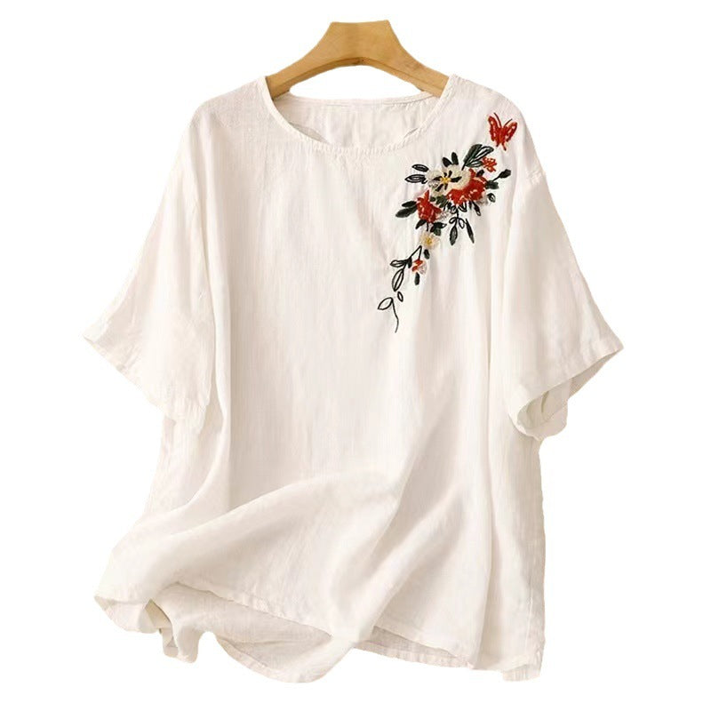 Women's Artistic Vintage Embroidery Linen Top Loose Pullover