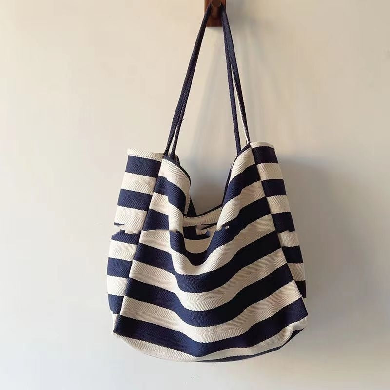 Ins Artistic Contrast Color Striped Canvas Bag Large Capacity Shoulder