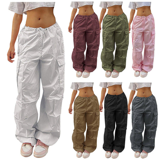 Casual Cargo Pants For Women Solid Color Drawstring Pocket Design Fashion Street Trousers Girls - Shuift.com