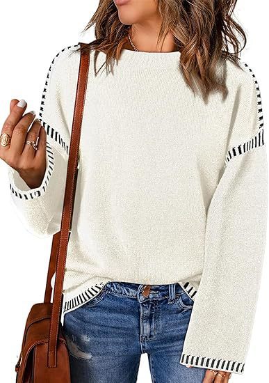 Women's Sweater Thread Patchwork Knitting Pullover Crew Neck