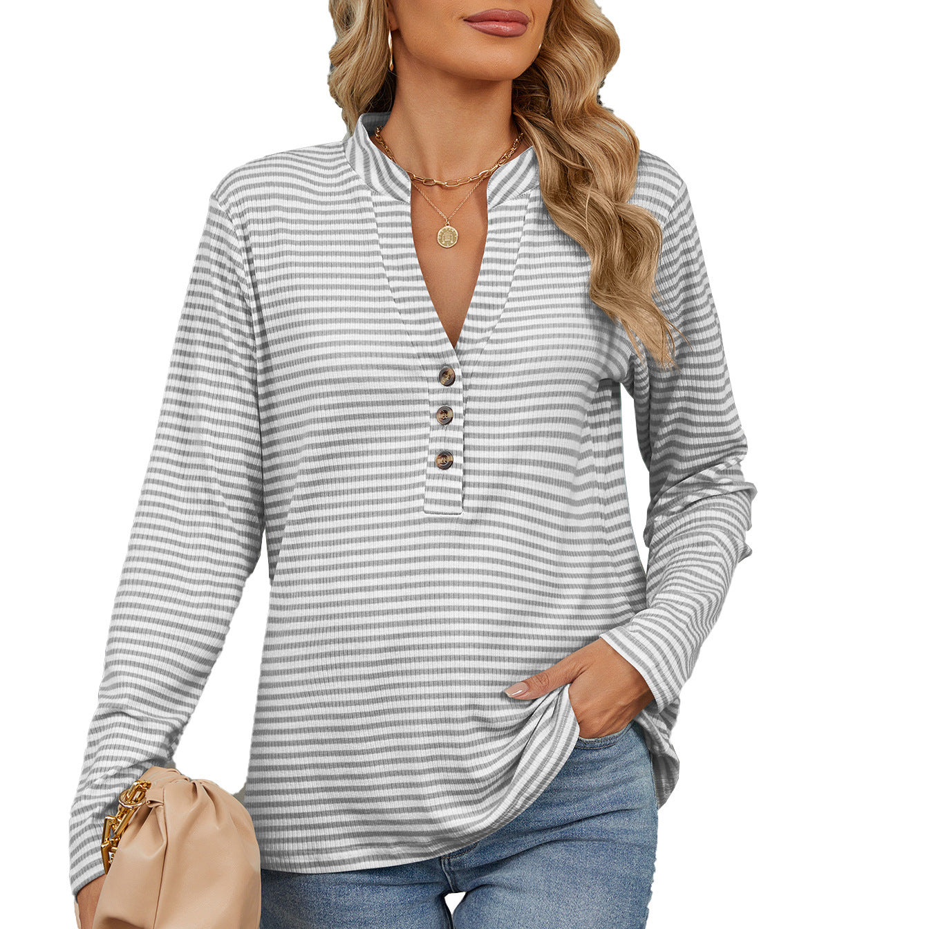 V-neck Buttons Striped Loose Long-sleeved Women Blouse