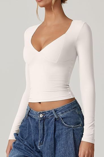 Women's Long Sleeve V-neck Midriff-baring Top T-shirt