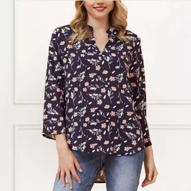 Casual Top Printed V-neck Nine-quarter Sleeve Women's T-shirt