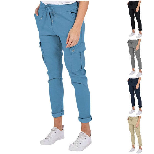 Casual Cargo Pants With Pockets Solid Color Drawstring Waist Pencil Trousers For Women - Shuift.com