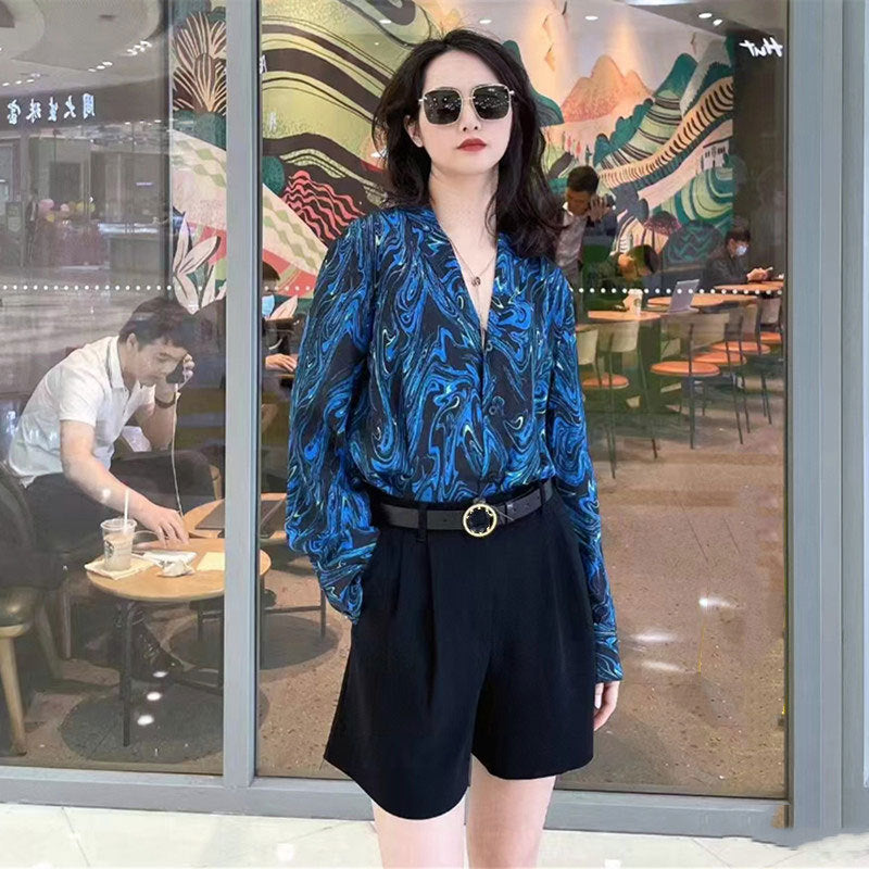 Same Style With Mall Retro Lapels V-neck Blue Ink Pattern Long Sleeve Shirt