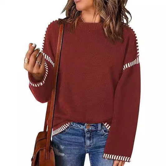 Women's Sweater Thread Patchwork Knitting Pullover Crew Neck