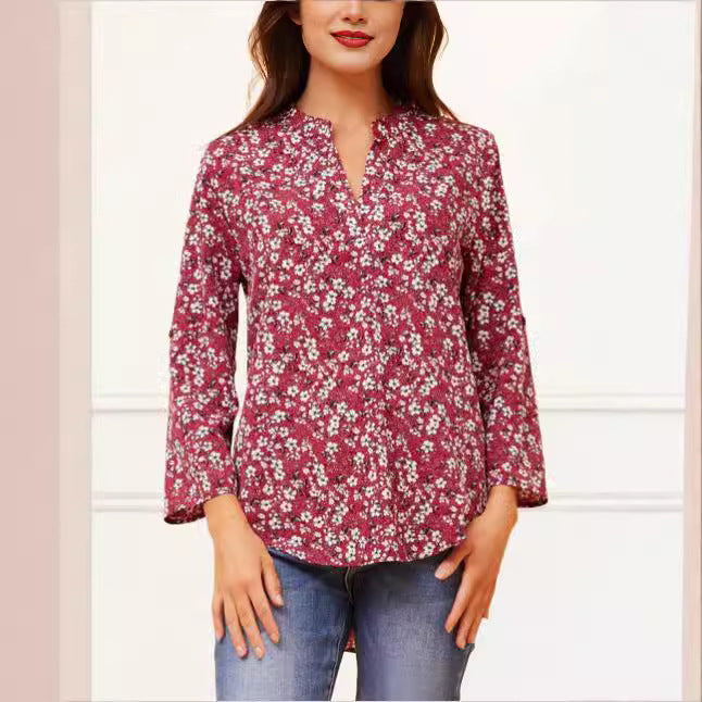 Casual Top Printed V-neck Nine-quarter Sleeve Women's T-shirt