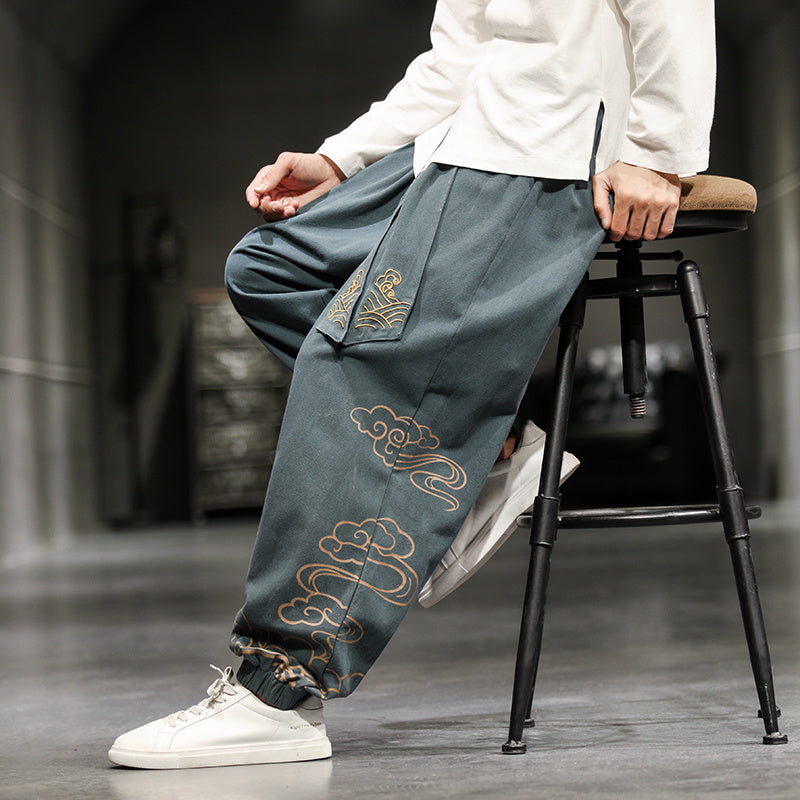 New Chinese Style Men's Trousers Printed Loose Wide-leg Trousers Plus Size