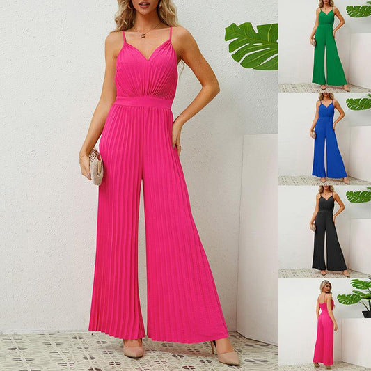 V-neck Suspender Pleated Jumpsuit Solid Color Loose Straight Pants Womens Clothing - Shuift.com