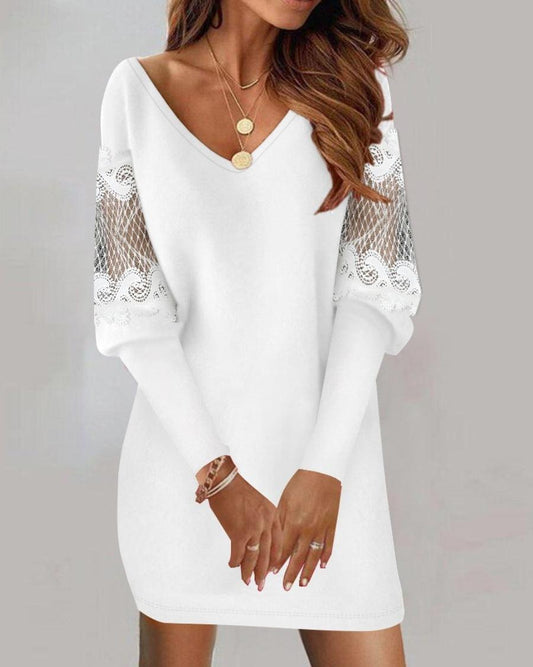 Long-sleeved V-neck Dress Spring And Autumn New Style Lace Splicing Dress For Womens Clothing - Shuift.com