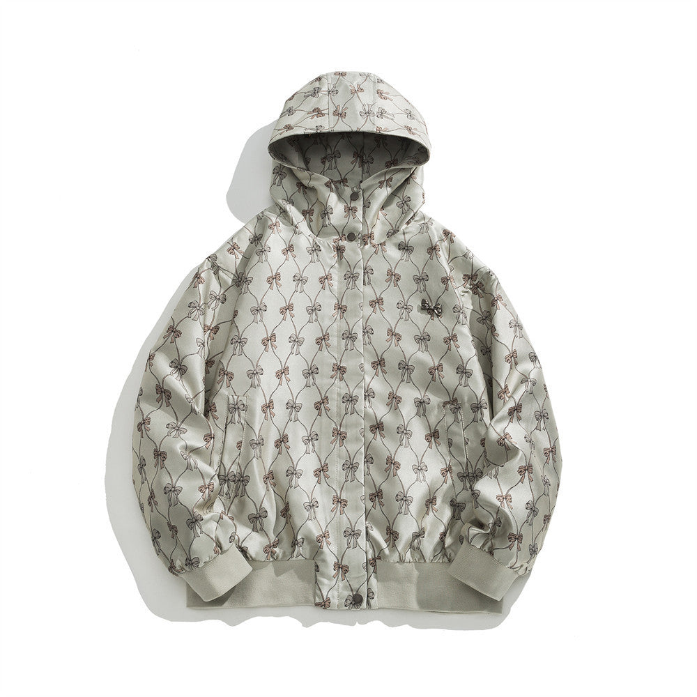 Men's Printed Floral Bow Hooded High Collar Loose Coat