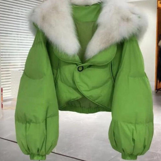 New Green Short Down Cotton Jacket With Light Fur Collar - Shuift.com