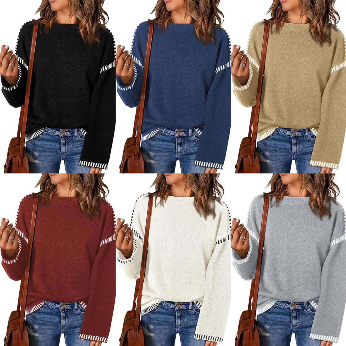 Women's Sweater Thread Patchwork Knitting Pullover Crew Neck