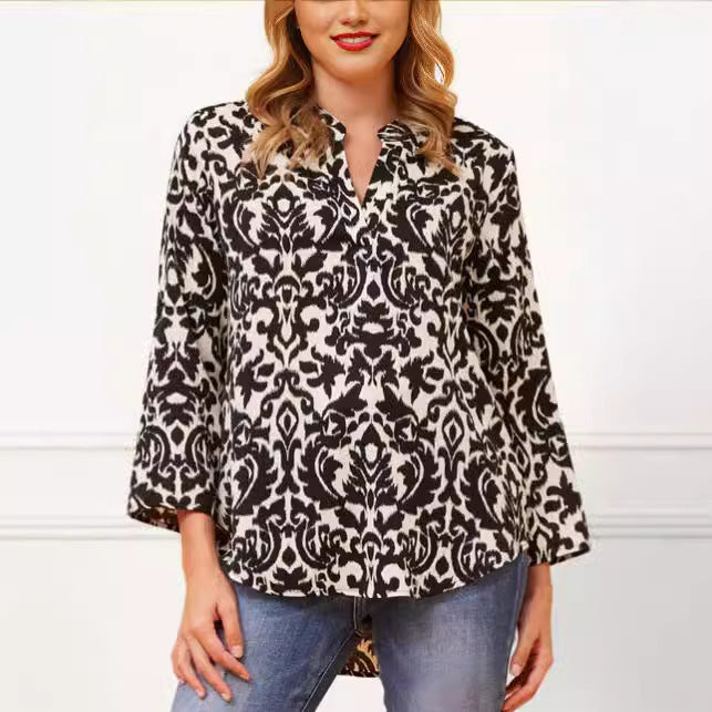 Casual Top Printed V-neck Nine-quarter Sleeve Women's T-shirt