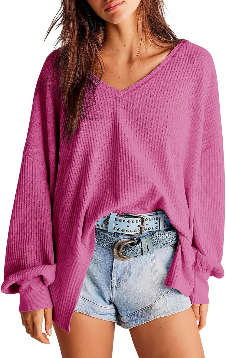 Women's Waffle Knit Blouse Lantern Sleeve Casual Shirt