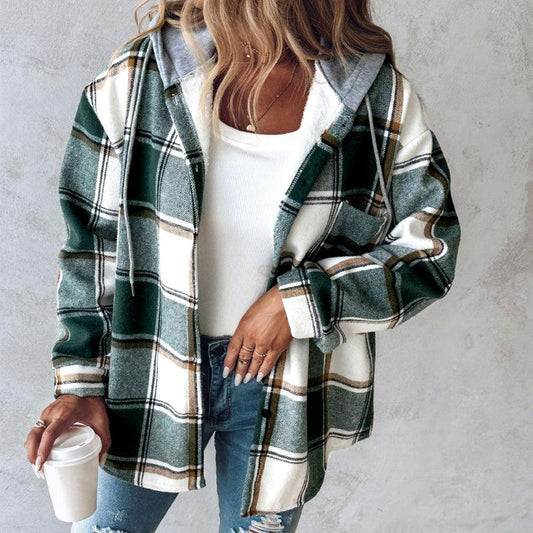 European And American Fashion Women's Wear Solid Color Plaid Hooded Jacket - Shuift.com