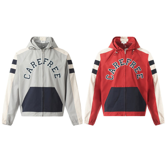 Stitching Contrast Color Embroidery Letters Hooded Loose Coat Men