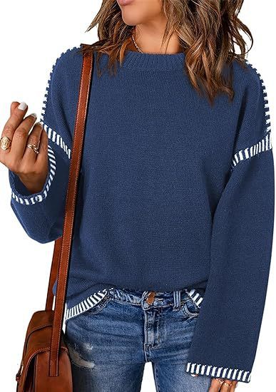 Women's Sweater Thread Patchwork Knitting Pullover Crew Neck