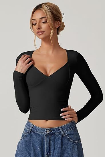 Women's Long Sleeve V-neck Midriff-baring Top T-shirt