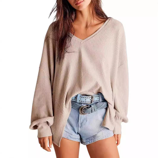 Women's Waffle Knit Blouse Lantern Sleeve Casual Shirt