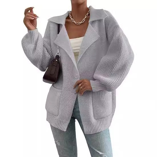 Women's Lapel Sweater Coat V-neck Buttons